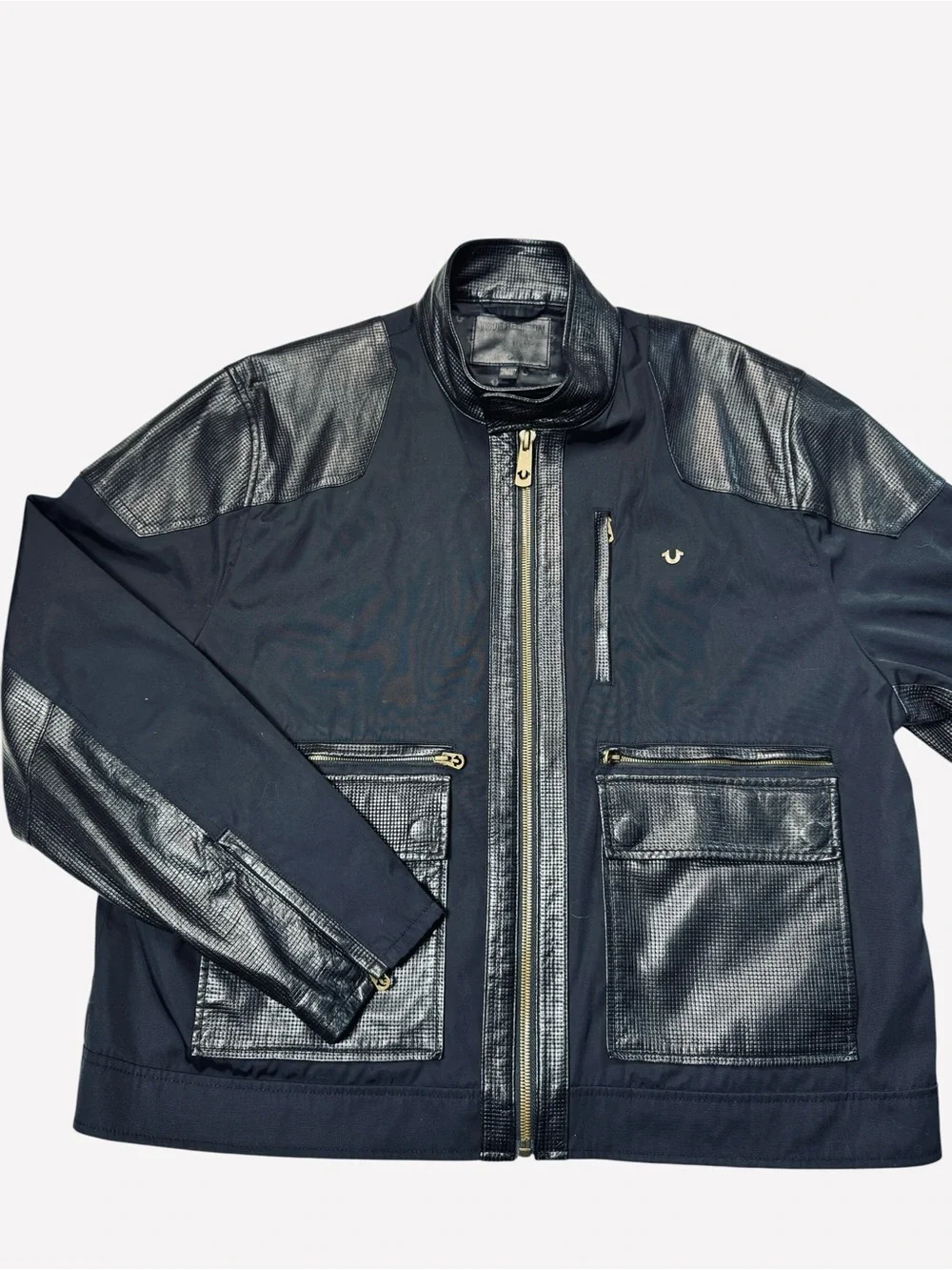 True Religion Black Bomber Mix Media Cotton Leather Jacket Size 3XL